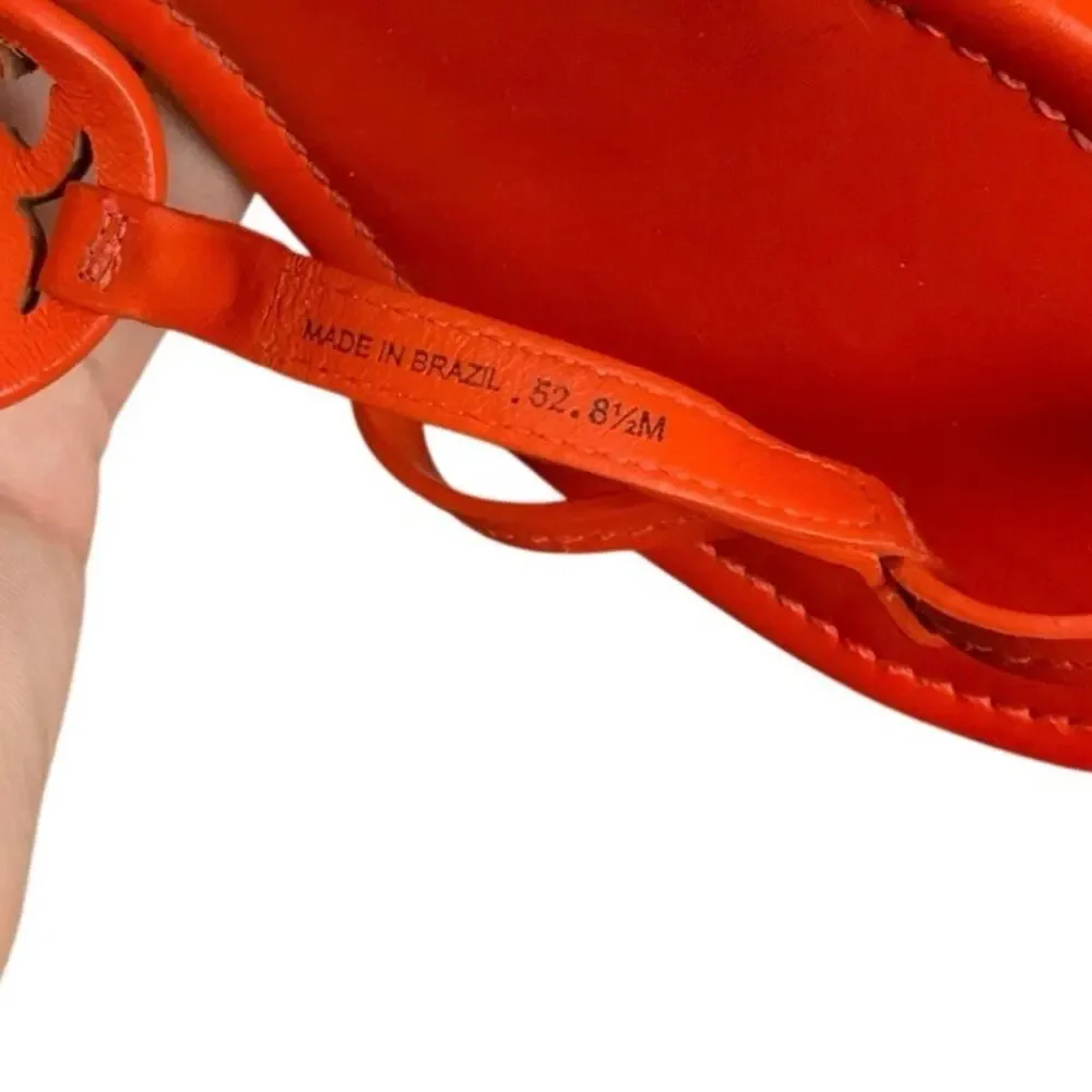 Tory Burch Women’s Orange Leather Logo Medallion T-Strap Wedge Sandals Size 8.5M